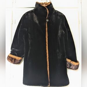 Black Faux Fur Winter Coat With Brown Faux Fur Trim, Large, Tally Ho Outerwear